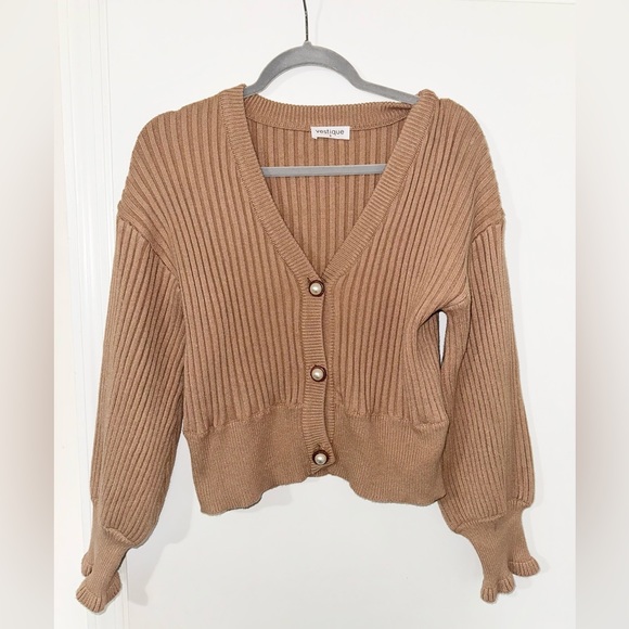 Tan Pearl Button Rib-Knit Cardigan - Picture 2 of 10